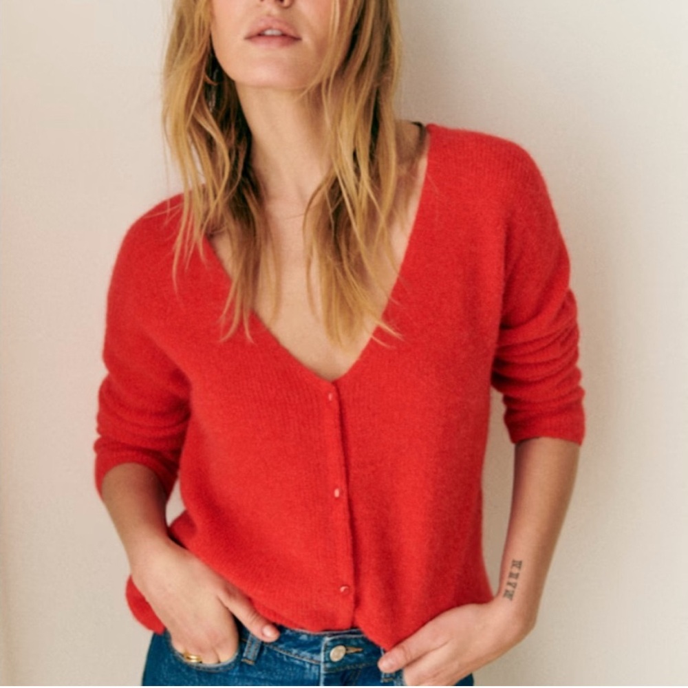 Sezane Vibrant Red V-Neck Sweater